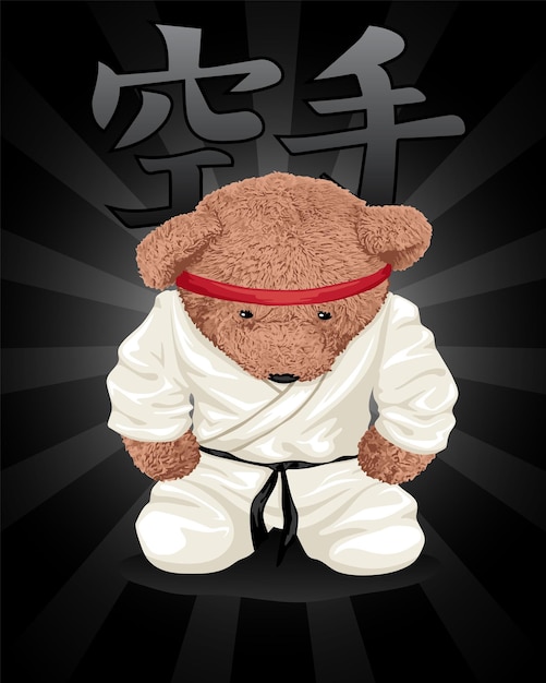 Orsacchiotto cartone animato in costume da karate su sfondo kanji karate calligrafia giapponese