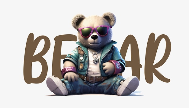 A teddy bear in dark glasses sits on a white background graffiti style Vector illustration