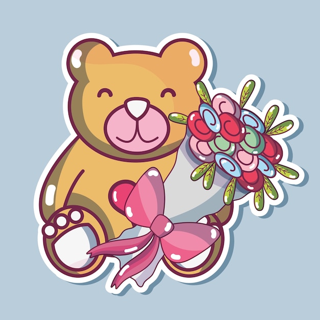 Teddy bear design with bouquet flowers 