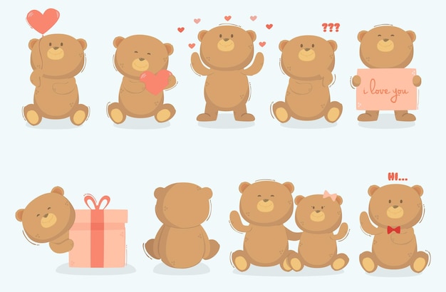 Vector teddy bear in different poses illustration