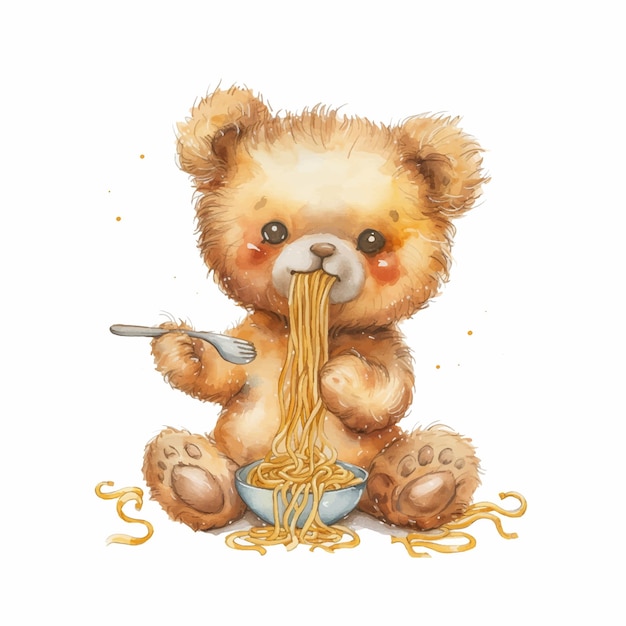 Teddy bear eating pasta watercolor paint