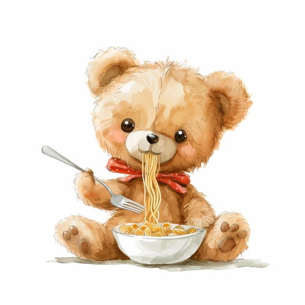 Teddy bear eating pasta watercolor paint
