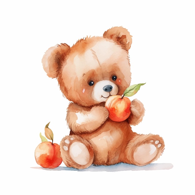 Teddy bear eating peach watercolor paint