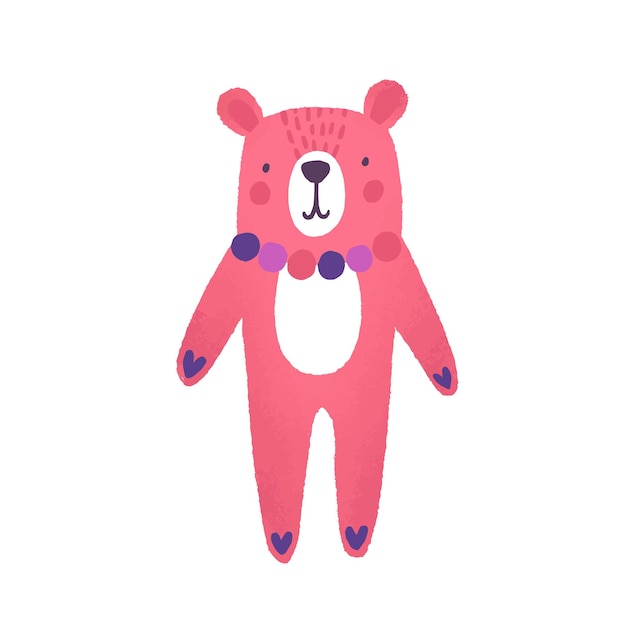 Orsacchiotto piatto illustrazione vettoriale. simpatico personaggio dei cartoni animati animale rosa. peluche infantile. giocattolo della ragazza. giocattolo per bambini. orso bambino colorato con collana isolato su sfondo bianco.