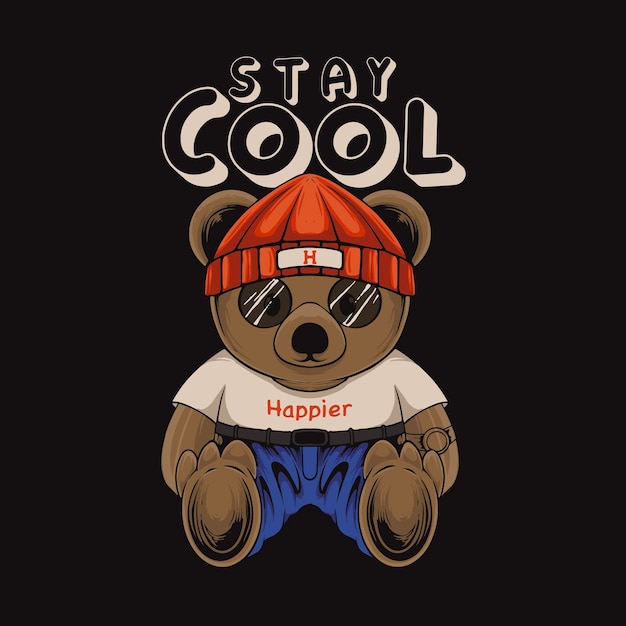 teddy bear illustration sitting stay cool in hand drawn style