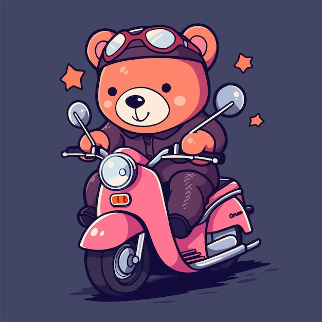 A teddy bear is riding a pink moped.