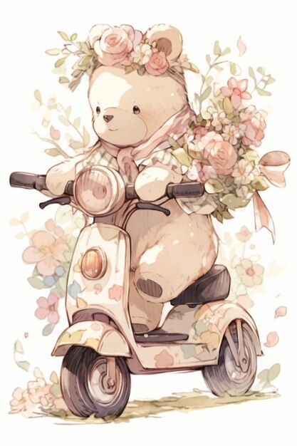 A teddy bear is riding a scooter with a bouquet of flowers.