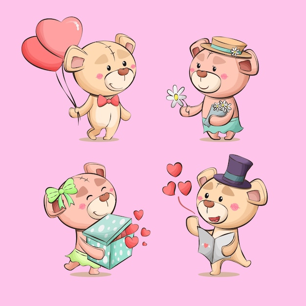 Vector teddy bear love cartoon cute couple characters hand drawn illustration collection