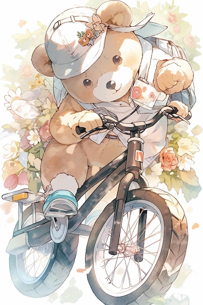 Vector a teddy bear riding a bicycle with a hat on.