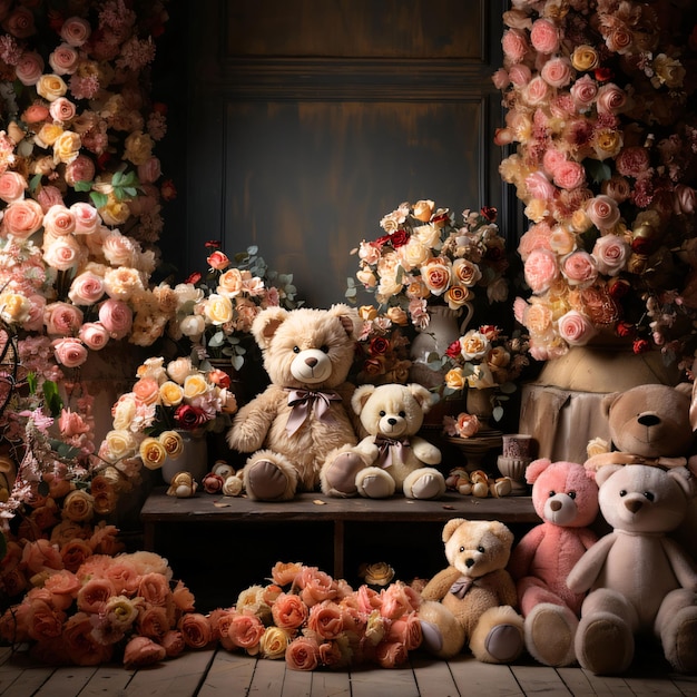 Teddy bear in a room decorated with roses Toned