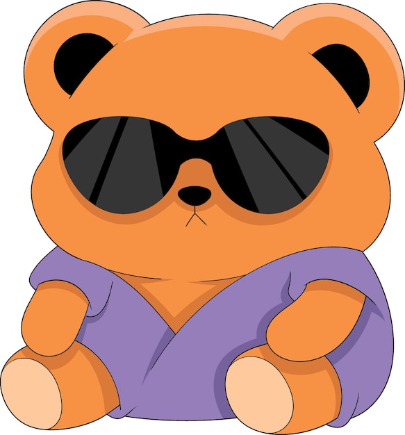 teddy bear sitting wearing a purple shirt and sunglasses