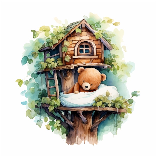 테디 베어 가 나무 집 에 잠을 자고 있는 수채화 그림