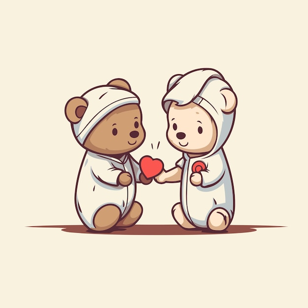 Teddy bear and teddy bear holding a red heart vector illustration