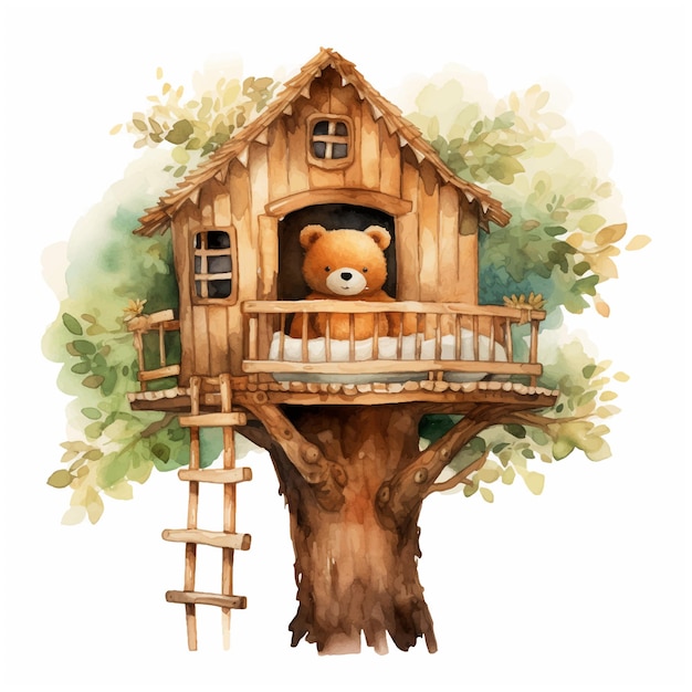 Teddy bear on a tree house watercolor hand painted