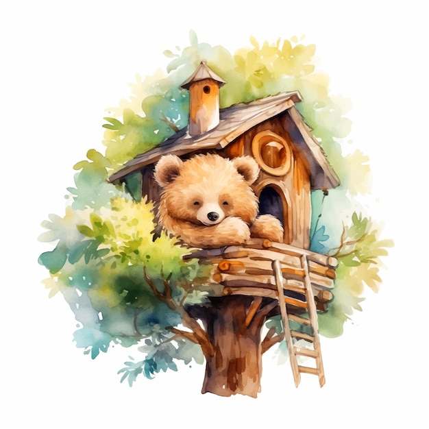 Teddy bear on a tree house watercolor paint