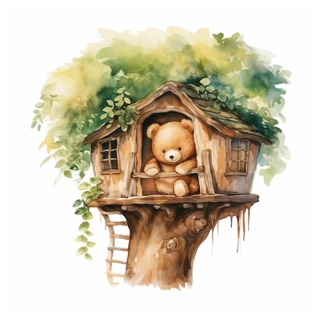 Teddy bear on a tree house watercolor painted