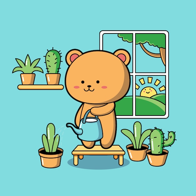 Vector teddy bear watering plants