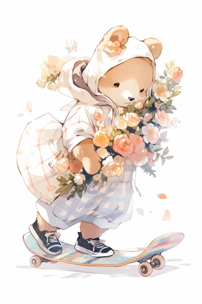 A teddy bear wearing a hat and holding a skateboard with flowers on it.