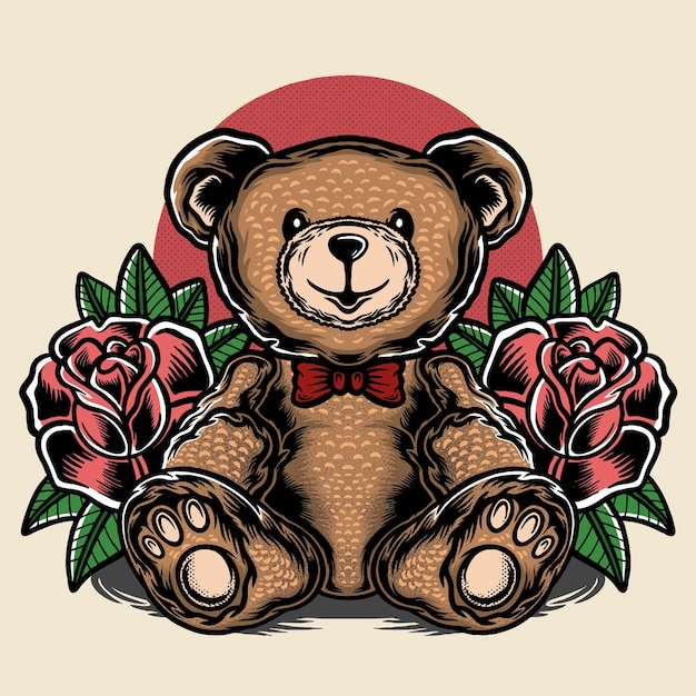 Teddy bear wearing ribbon tie and and roses background illustration