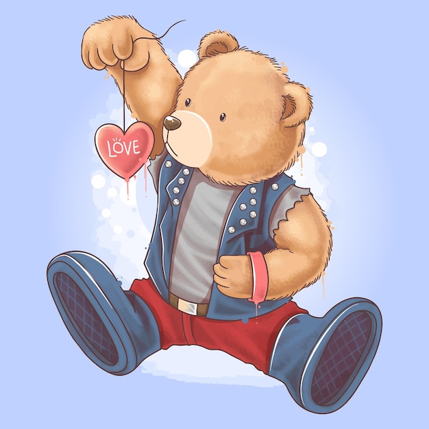 Vector teddy bear wearing a rocker jacket holding a love heart