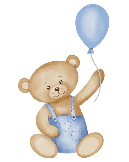 Vettore orso di peluche con illustrazione ad acquerello a palloncino schizzo disegnato a mano di un piccolo animale carino in colori marrone pastello e blu per inviti a baby shower o biglietti di auguri di compleanno disegno infantile