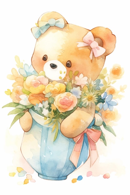 A teddy bear with a blue vase of flowers