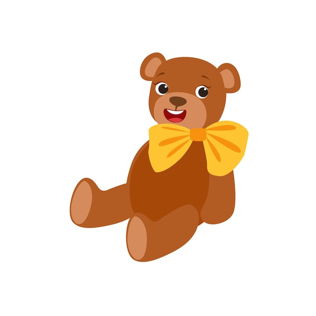 Teddy bear with yellow bow kids birthday party happy smiling animated object cartoon girly character festive illustration