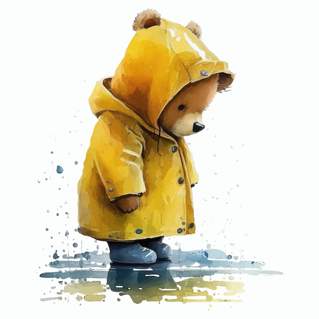 Teddy bear in yellow raincoat walks in a puddle in 3d style Isolated vector illustration