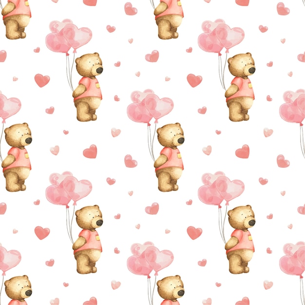 Мишки Тедди несут воздушные шарики и сердечки в форме сердечек. Акварель бесшовный фон день Святого Валентина
