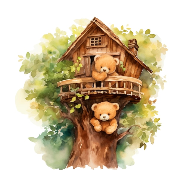 Teddy bears on a tree house watercolor paint