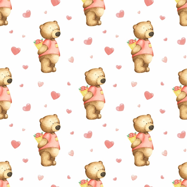 Teddy bears with a bouquet of flowers and hearts. Watercolor seamless pattern for Valentine's Day