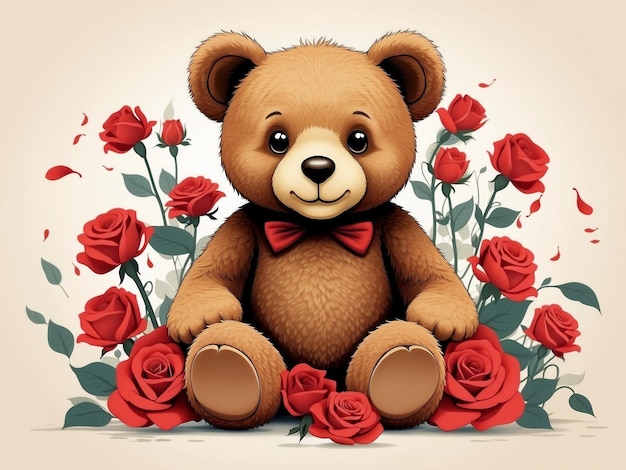 Teddy omringd door bloemen vector