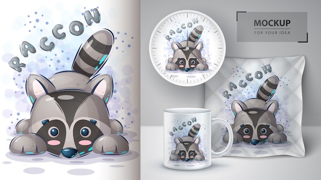 Vector teddy raccoon illustration and merchandising