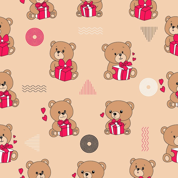 Teddybeer cadeau aanwezig mooie schattige mascotte karakters naadloze patroon premium vector