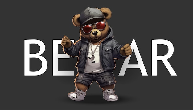 Teddybeer cartoon poseren met zonnebril en in de stijl van hiphop esthetiek Vector illustratie