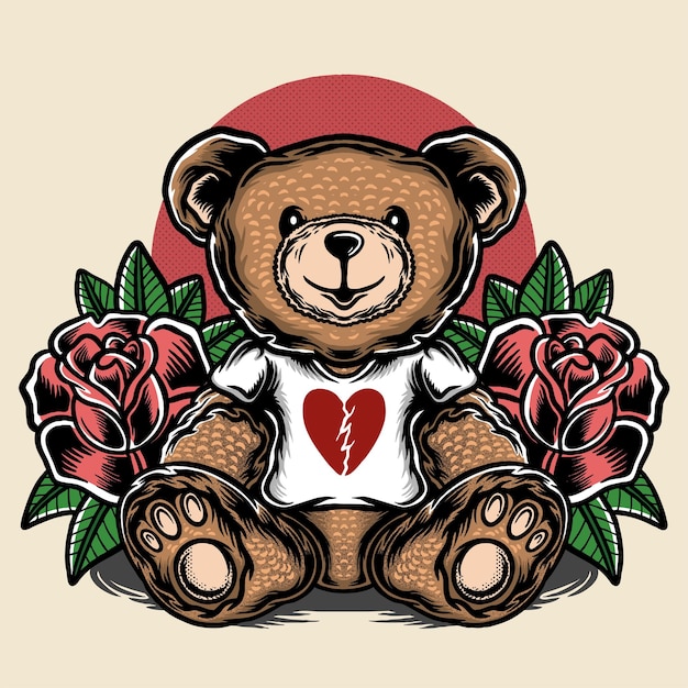 Teddybeer die t-shirt en rozen draagt illustratie als achtergrond