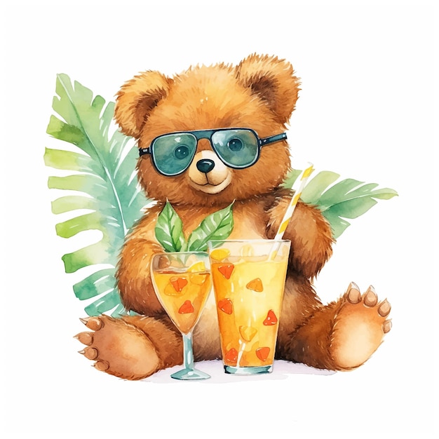 Teddybeer drinkt cocktail aquarel geschilderd