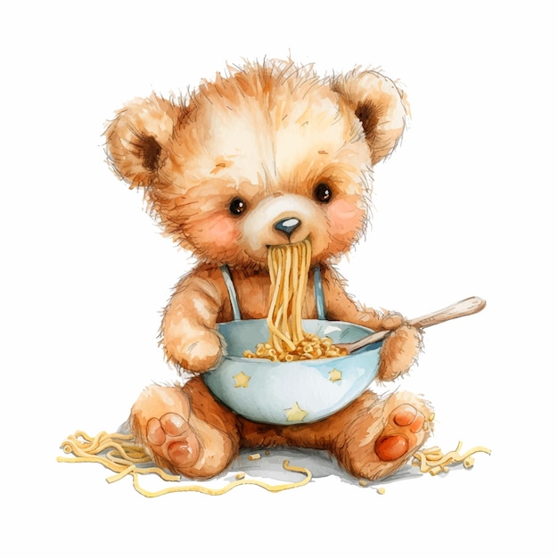 Teddybeer eet pasta waterverf verf