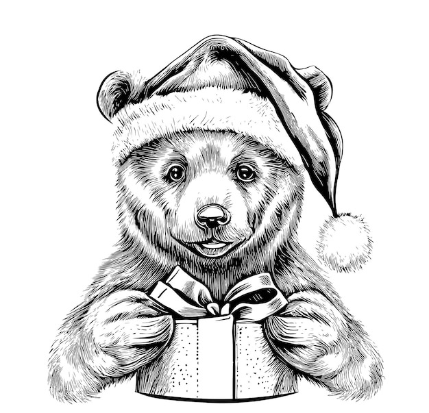 Teddybeer in een kerstmuts met een geschenk in zijn poten Handgetekende kerstschets