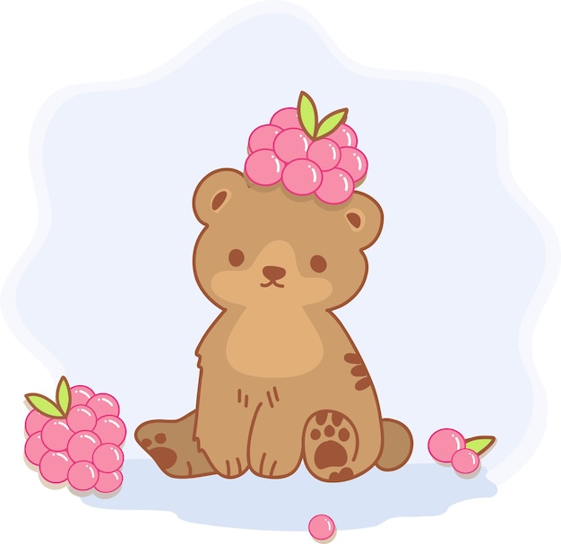 Vector teddybeer met een framboos op zijn kop. vectorillustratie. kan als logo worden gebruikt.