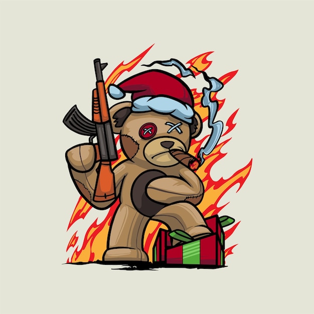 Teddybeer met een pistool in zijn hand. vector illustratie streetwear ontwerp