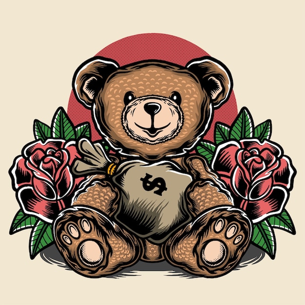 Teddybeer met geldzak en rozen achtergrondillustratie