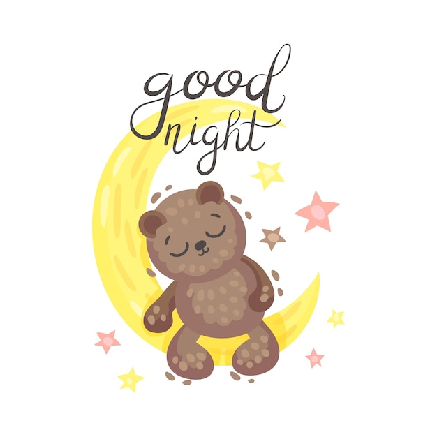 Teddybeer slaapt op de maan Belettering Goede nacht Vectorillustratie op een witte achtergrond