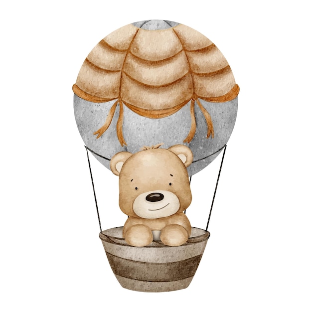 Teddybeer vliegt in een luchtballon Leuke geïsoleerde met de hand getekende baby Waterverf illustratie