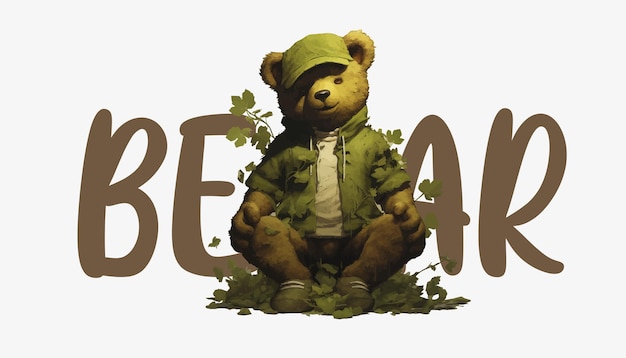 Teddybeer zittend in groene bladeren hiphop esthetische stijl albumhoezen Vector illustratie