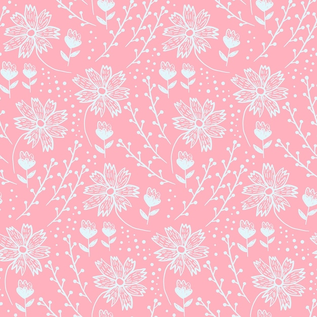 Tedere pastel roze naadloze bloemmotief met hand getrokken doodle lichtblauwe bloemen en bladeren