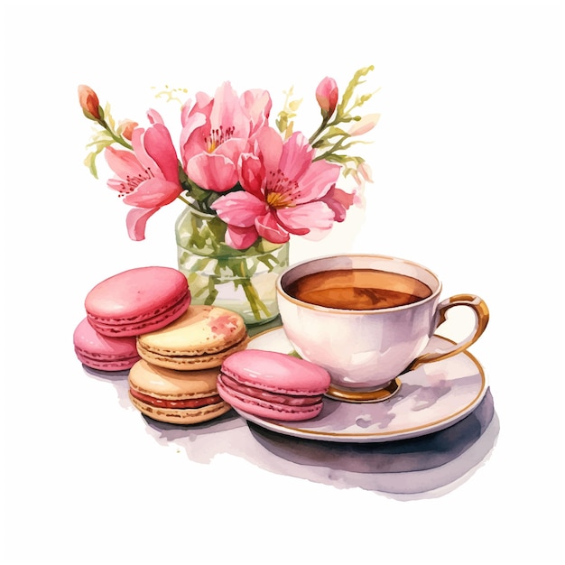 Tee en macarons waterverf verf illustratie