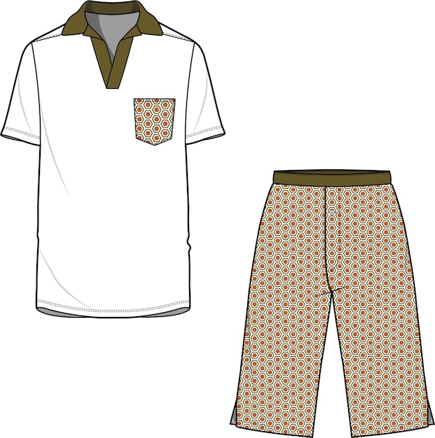 Tee and pajama short coordinate matching set for men and boys sleep wear vector sketch