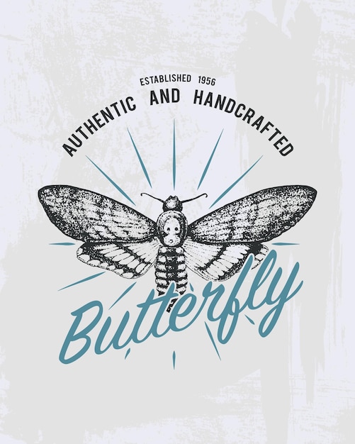 Tee print butterfly hawk moths or animal tshirt graphics design\
vector grunge background vintage lettering and poster print or\
banner america typography engraved hand drawn insect with\
wings