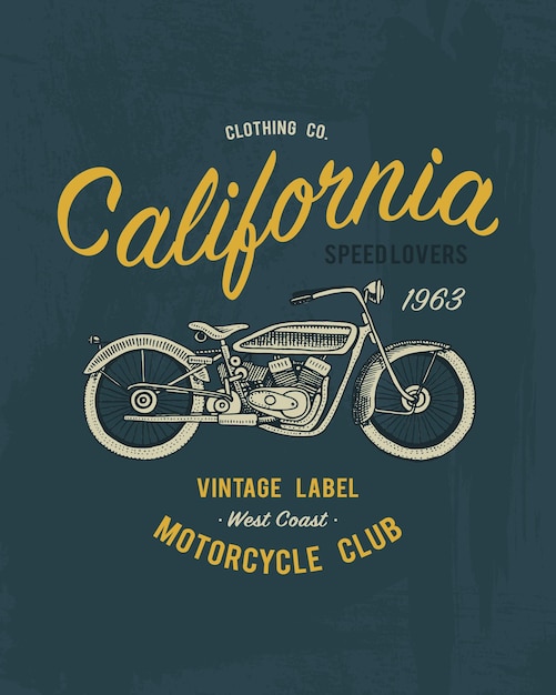 Tee print motorfiets of vervoer tshirt grafisch ontwerp met animal vector grunge achtergrond vintage belettering en poster print of banner amerika typografie gegraveerd hand getrokken